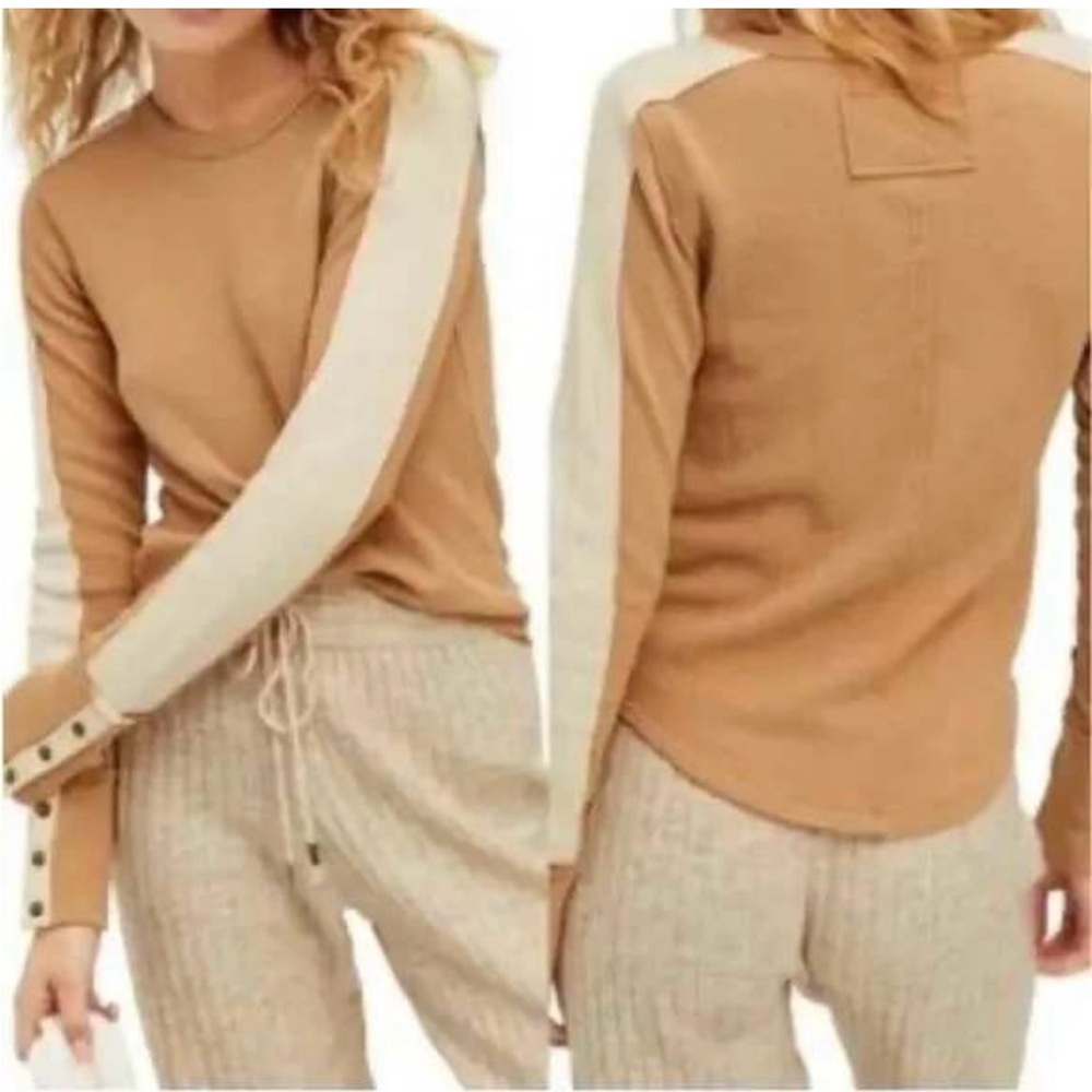 We the Free Free People Tasha Thermal Ochre Combo Waffle Knit Snap Cuff Top - Picture 2 of 12